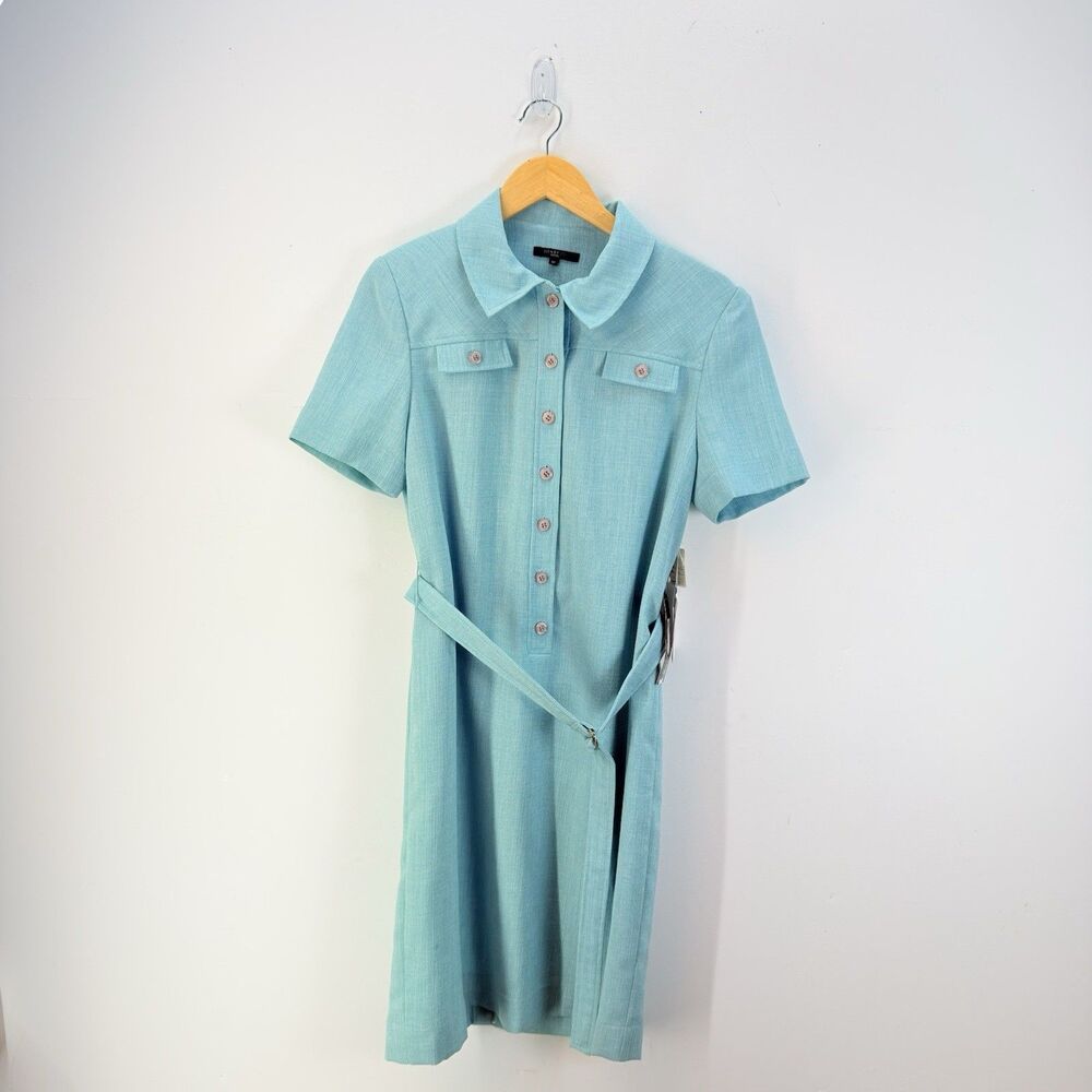 Henry Lee Dress Vintage Size 8P Aqua Blue Short Sleeve Midi Sheath Belted